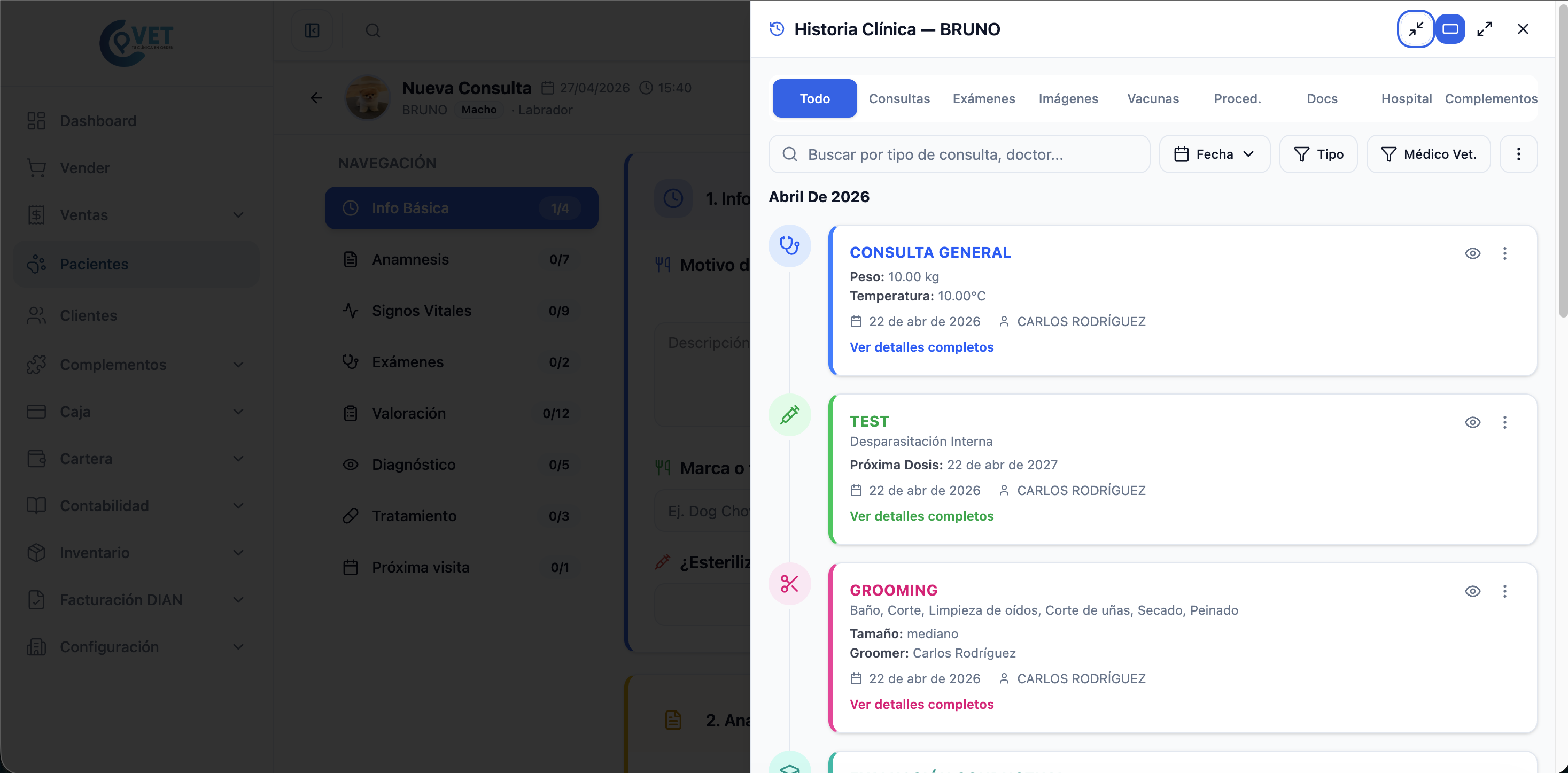 Vista previa del módulo Historia Clínica