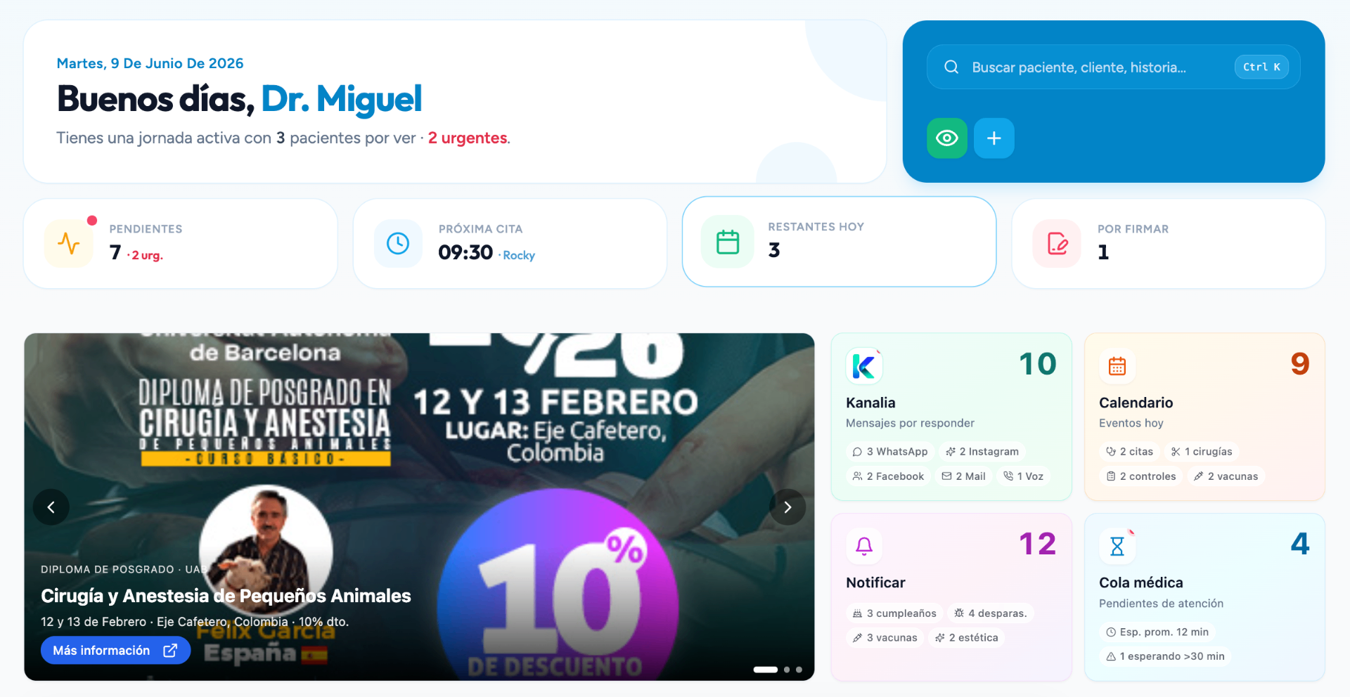 Tablero de CP VET con agenda, KPIs y agente de IA